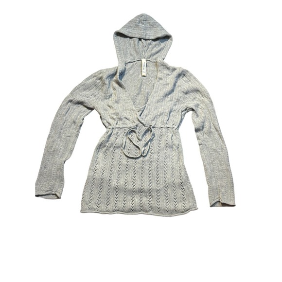 Sweaters - Y2K Pointelle Knit grey Cinch Waist Hooded‎ Sweater Top feminine girly fairy